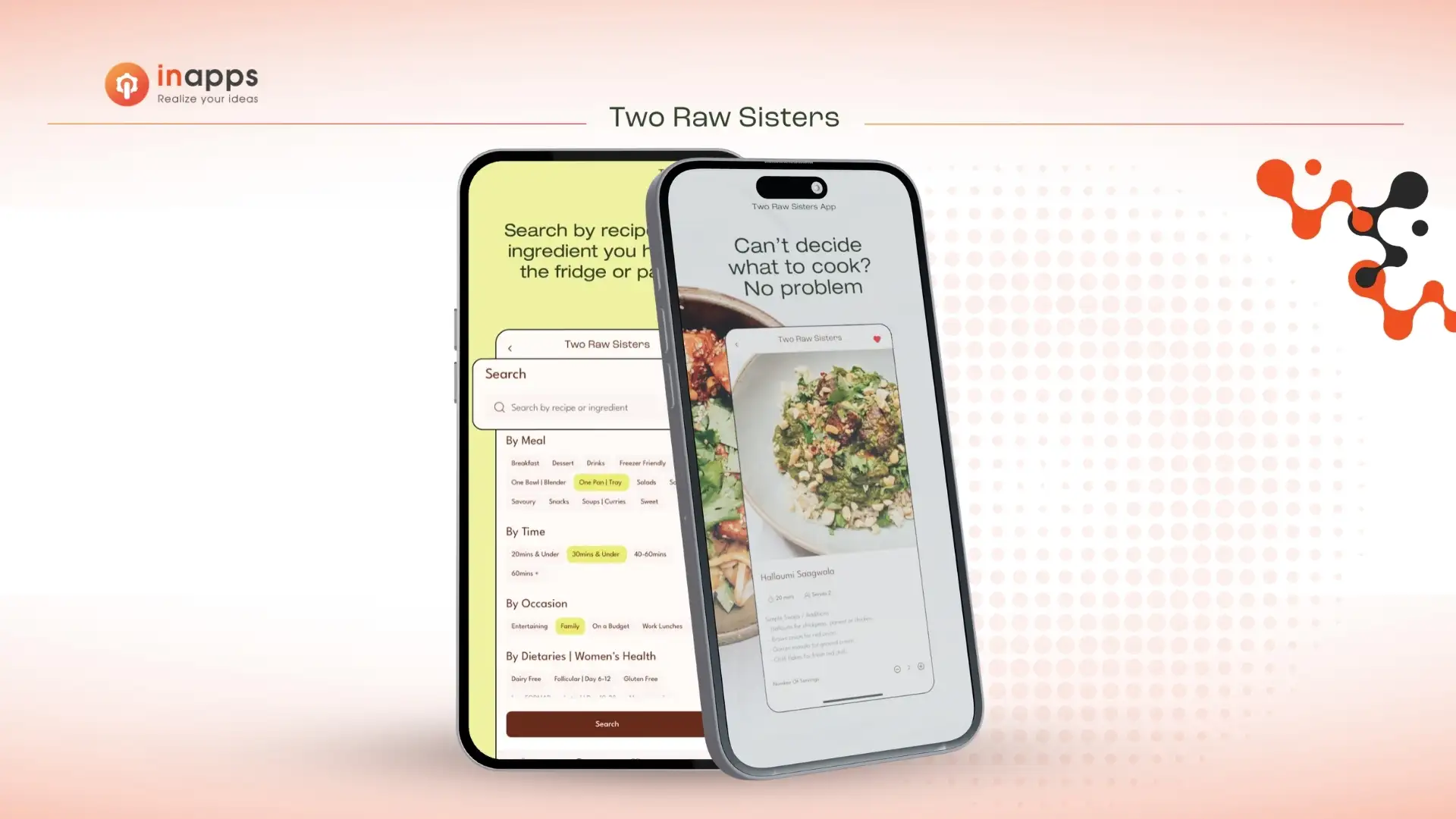 Two Raw Sisters recipe app shown on two mobile devices