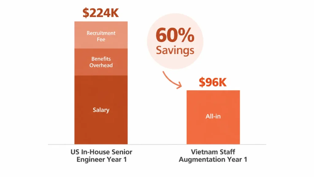 IT staff augmentation cost savings: $96K/year vs $224K/year for US in-house hire — 40–60% reduction