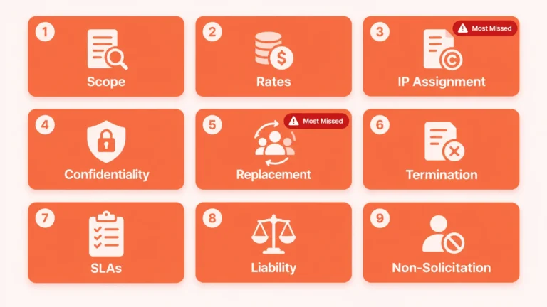 9 essential clauses in a staff augmentation contract - IP assignment and replacement guarantee are most frequently missing