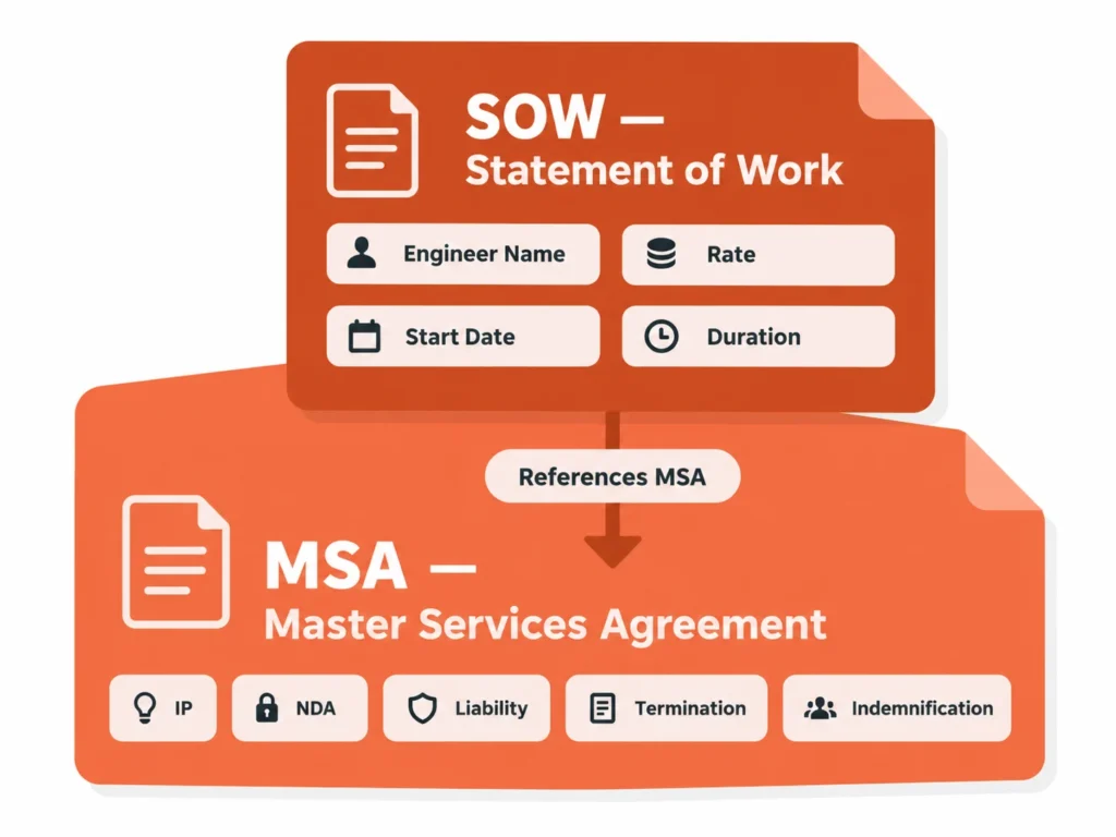 Staff augmentation contract structure - MSA covers overall relationship, SOW activates each placement