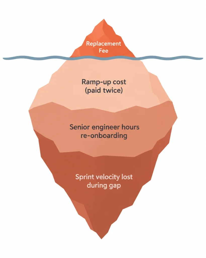 Hidden cost of staff augmentation engineer churn - visible replacement fee vs iceberg of ramp-up and velocity costs