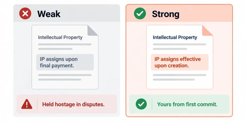 Staff augmentation IP assignment clause comparison - weak vs strong language for protecting IP ownership