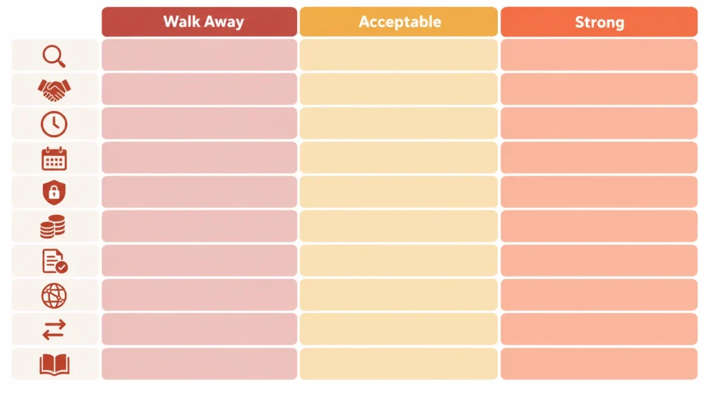 Staff augmentation partner evaluation scorecard - 10 criteria rated from Walk Away to Strong